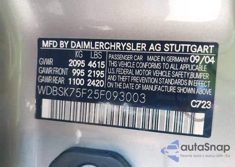 2005 Mercedes-Benz Sl 500 from USA, damaged, VIN WDBSK75F25F093003